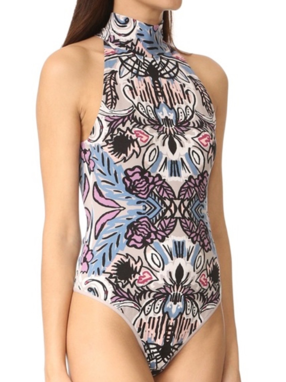 Intimately free people blue pink abstract mosaic high mock neck bodysuit medium